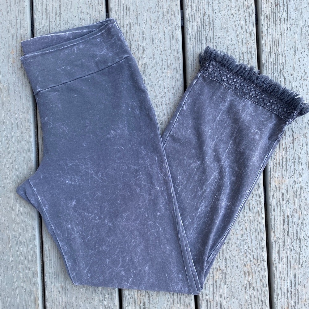 Chatoyant Womens Mineral Wash Fringe Hem Pants Gray Boho Large